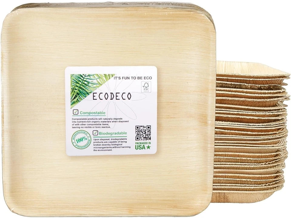 ECODECO Palm Leaf Plates - 50 Pack 10-Inch Square Disposable Durable Dinnerware