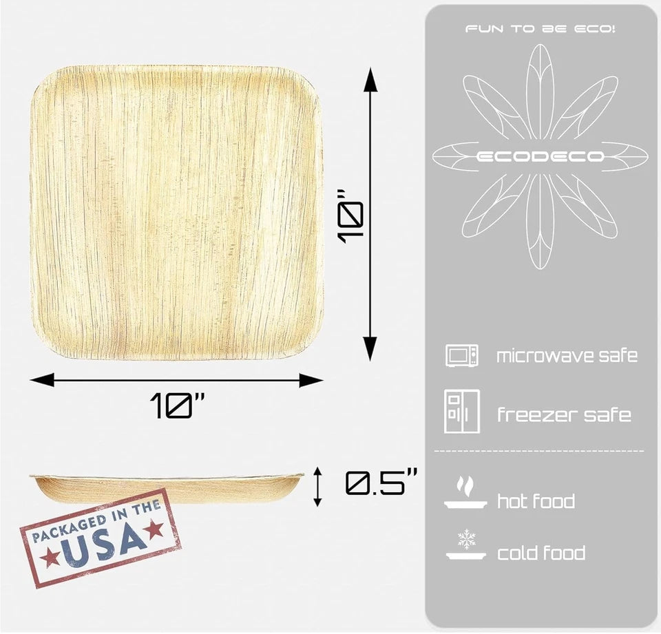 ECODECO Palm Leaf Plates - 50 Pack 10-Inch Square Disposable Durable Dinnerware