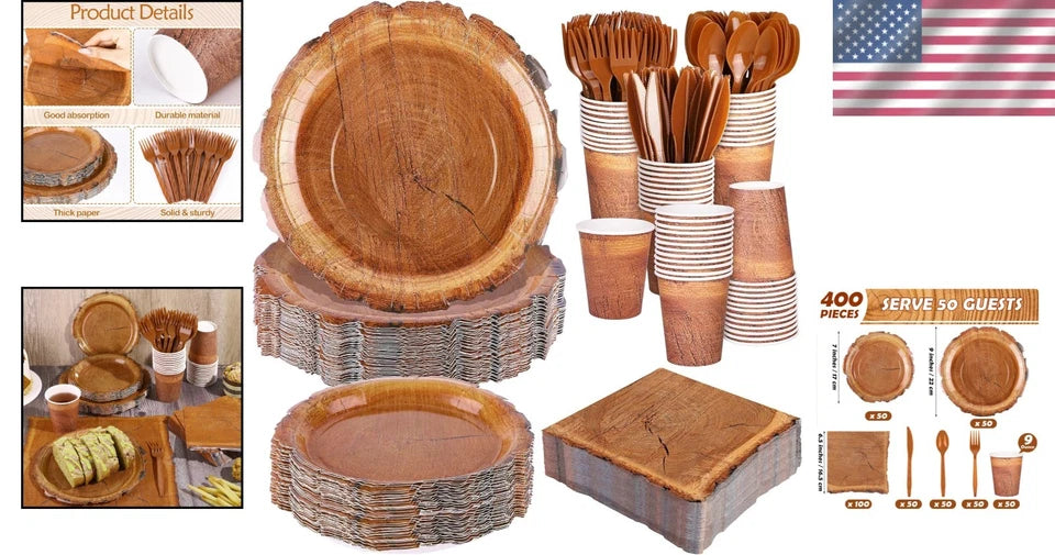 Nature-Inspired Disposable Tableware Set for Woodland Celebrations – Serves 50